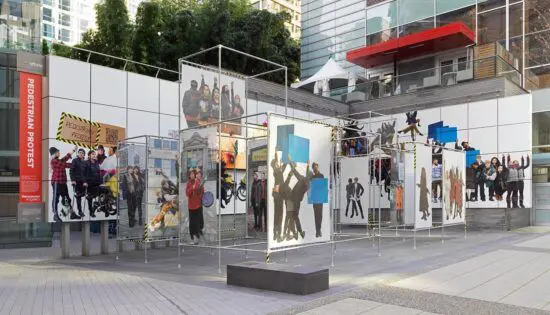 Installation view of Offsite: Evann Siebens + Keith Doyle, Pedestrian Protest, 2021, site-specific installation at Vancouver Art Gallery Offsite, April 9 to October 11, 2021