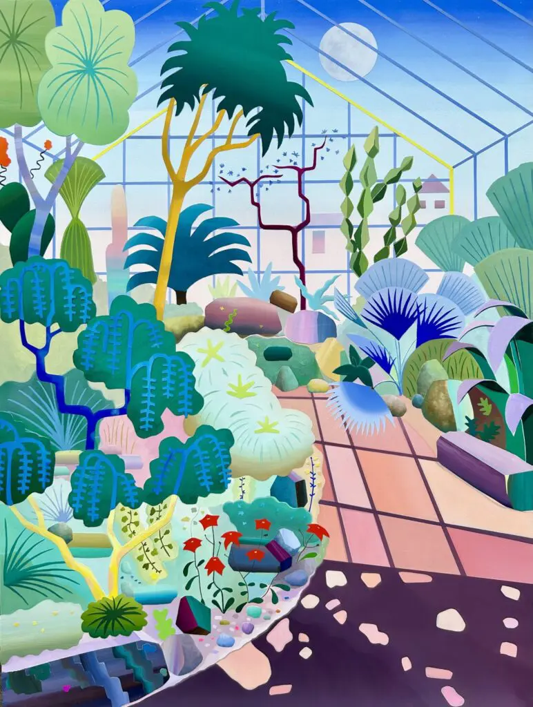 Colourful painting of an imaginary landscape with tropical trees and bushes that appear to be in a greenhouse. The moon shines in.