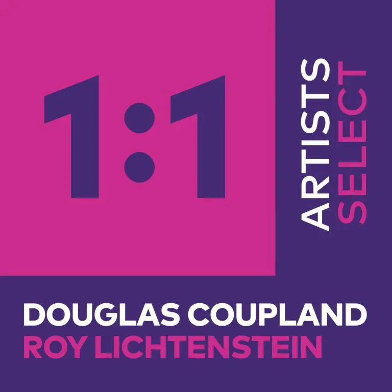 1:1 Artist Select pink and purple graphic with artist names Douglas Coupland and Roy Lichtenstein
