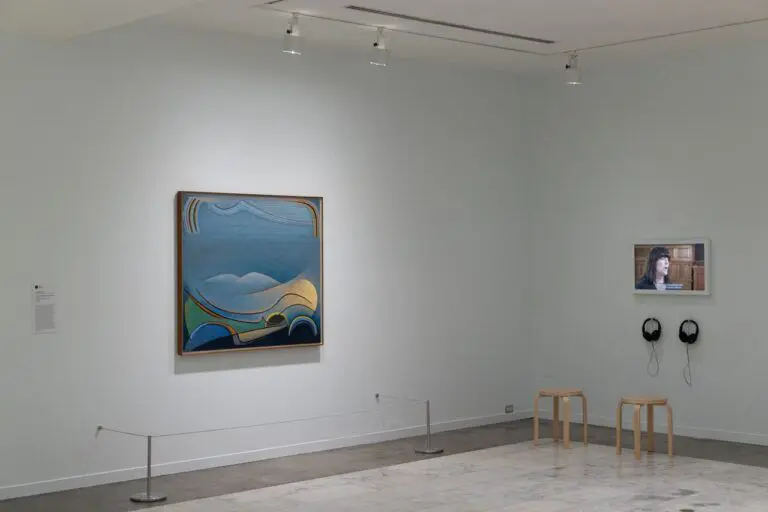 Lawren Harris painting and video screen