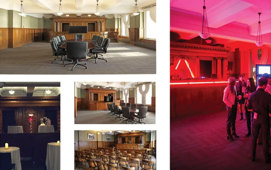 A collage of images of events in Courtroom 301, including a dj booth set up