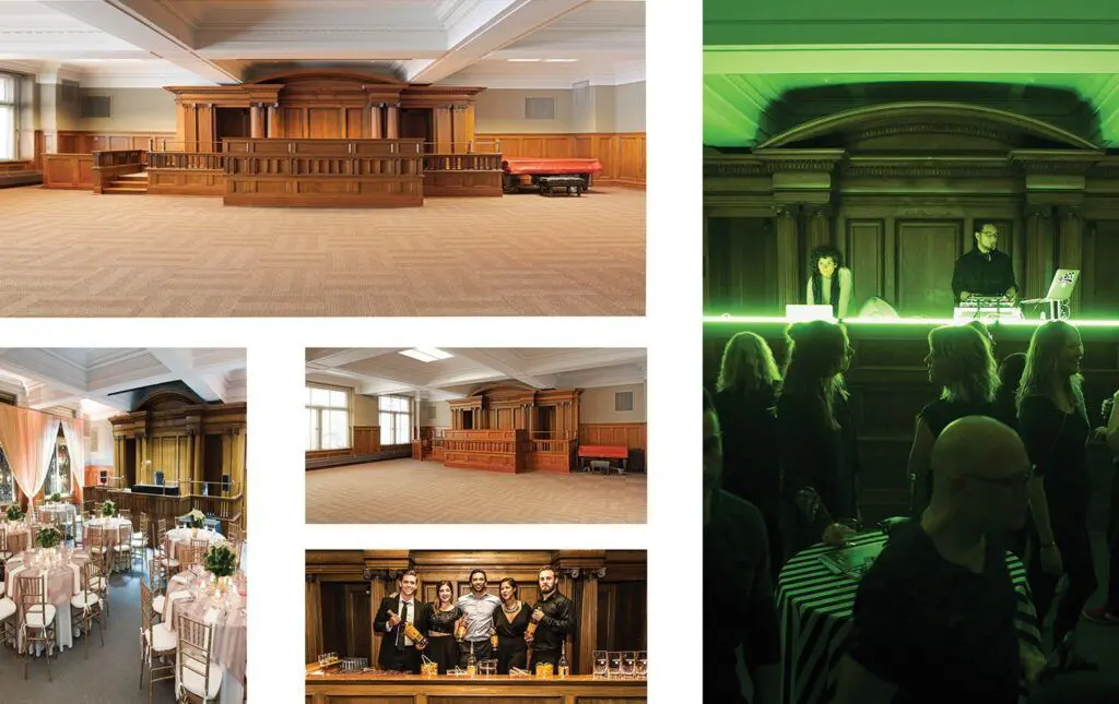 A collage of images of events in Courtroom 302, including a dj booth set up and a luncheon