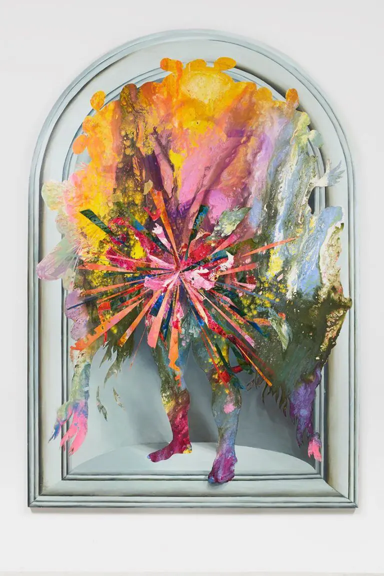 A colourful painting in the shape of a portal with bursts of colour and a pair of legs at the bottom stepping forward.