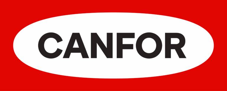 A red rectangular logo with a white oval in the middle and black text in uppercase that reads "Canfor."