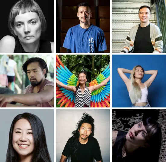 A 3x3 grid of portraits featuring nine diverse dance artists. Top row: a woman with a short blonde bob in black and white; a man in a blue shirt smiling in a dimly lit room; a man sitting on stairs wearing a striped cardigan. Middle row: a man concentrating outdoors; a woman smiling with brightly colored feathered wings behind her; a young woman with long blonde hair posing against a blue background. Bottom row: a smiling woman with long dark hair; a man with long dark hair and a beard in front of a plain wall; a woman with dark bangs looking upward with text projected on her face.
