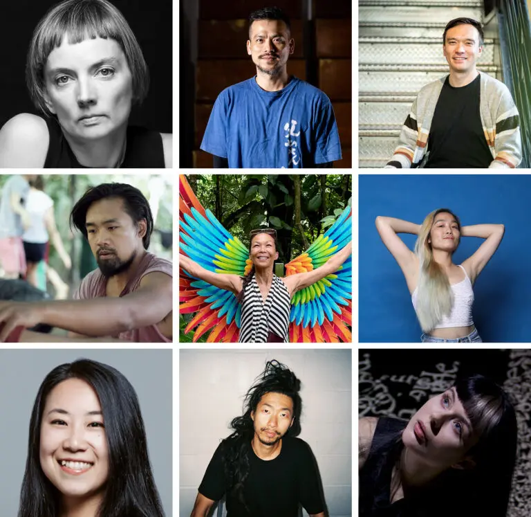 A 3x3 grid of portraits featuring nine diverse dance artists. Top row: a woman with a short blonde bob in black and white; a man in a blue shirt smiling in a dimly lit room; a man sitting on stairs wearing a striped cardigan. Middle row: a man concentrating outdoors; a woman smiling with brightly colored feathered wings behind her; a young woman with long blonde hair posing against a blue background. Bottom row: a smiling woman with long dark hair; a man with long dark hair and a beard in front of a plain wall; a woman with dark bangs looking upward with text projected on her face.