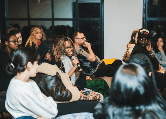People participate in a talk