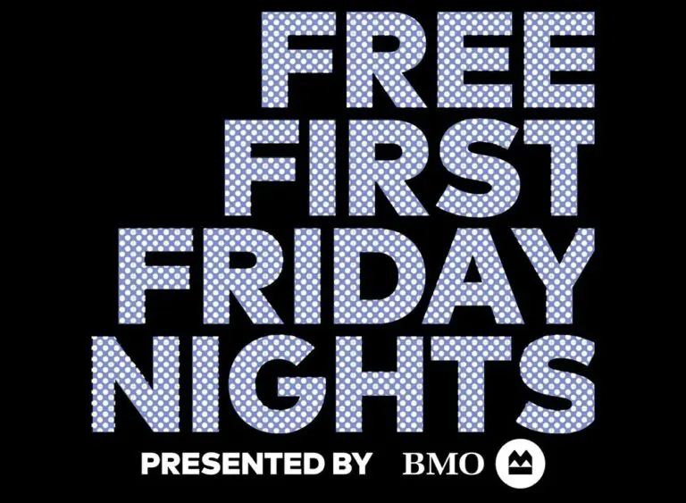 Black background with blue bubble text on top that reads: Free First Friday Nights presented by BMO
