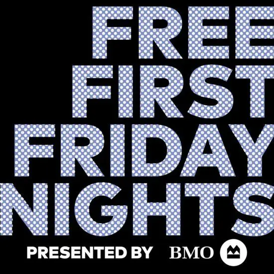 Graphic banner with a black background featuring large bold text that reads: 'FREE FIRST FRIDAY NIGHTS.' Below, it says 'PRESENTED BY BMO' with the BMO logo.