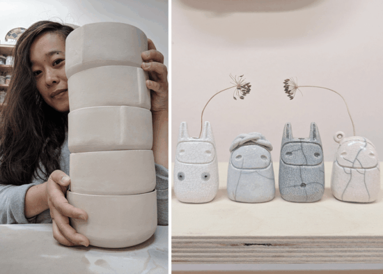 Two images combined. On the left we see artist Grace Lee in her studio with a stack of ceramic bowls. On the right, we see 4 Daruma doll ceramic creatures.