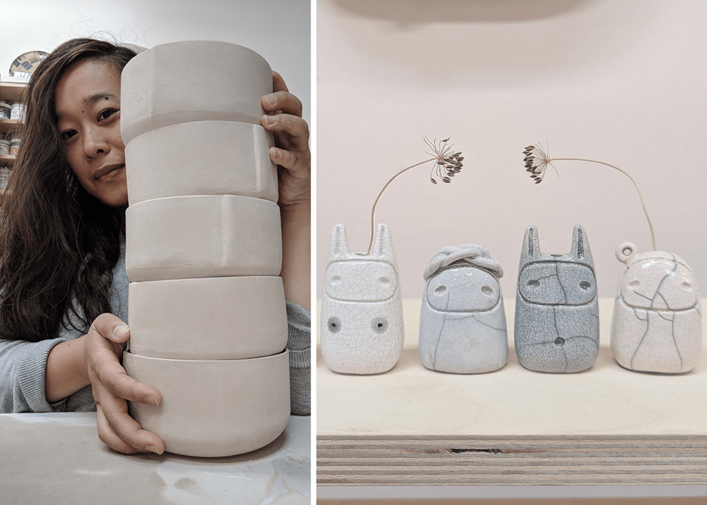 Two images combined. On the left we see artist Grace Lee in her studio with a stack of ceramic bowls. On the right, we see 4 Daruma doll ceramic creatures.