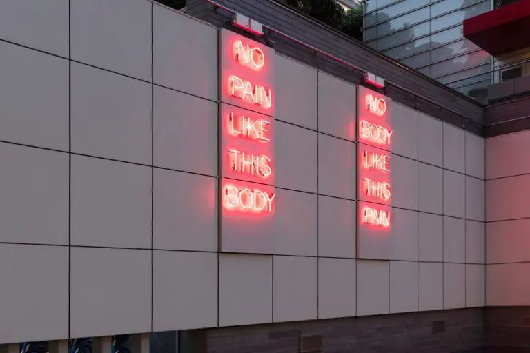[Image Description: This work is a red neon sign diptych installed at the outdoor Vancouver Art Gallery Offsite at 1100 west Georgia Street. The exterior wall has a surface grid of large grey tiles. Each of the two neon statements fills three vertical tiles, installed two columns apart. The words are stacked vertically, one below the other. On the left, text reads: “No Pain Like This Body.” On the right, text reads: “No Body Like This Pain.”]