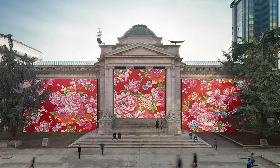 Installation view of an enormous hand-painted mural on the Gallery’s Georgia Street façade by Taiwanese artist Michael Lin. The mural features flowers on a red backdrop.Michael Lin, Georgia Street Plaza 23.01 – 02.05.10, 2010, paint on metal
Photo: Vancouver Art Gallery