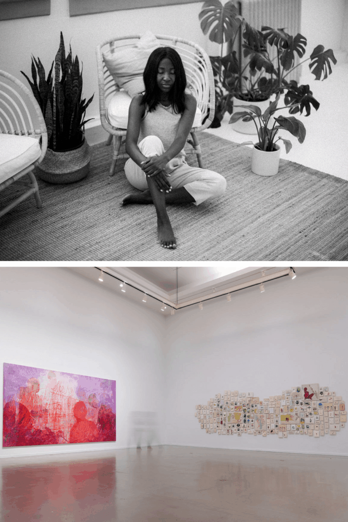 Portrait of Melissa Nkomo in black and white above an installation view of two paintings by Firelei Báez