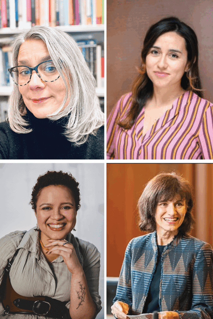 4 portraits of the panel conversations speakers: Miret Rodríguez, Gabriela Aceves Sepúlveda, Coral Santana and Lili Vieira de Carvalho