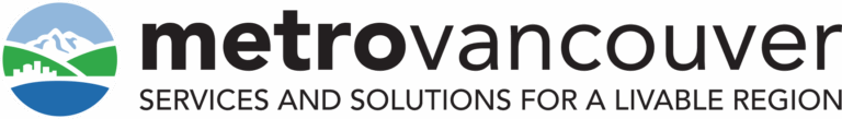 Logo with a blue, green and white circle that looks like hills and sky, with text in black to the right that reads: "metro vancouver" in lowercase, with the following in uppercase below: "services and solutions for a livable region"