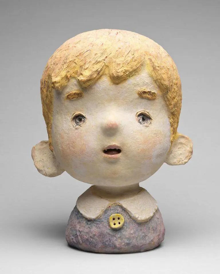 Otani Workshop, A Boy with a Yellow Button, 2024, ceramic, Courtesy of the Artist, Kaikai Kiki and Perrotin, Photo: Vancouver Art Gallery, ©2025 Otani Workshop/Kaikai Kiki Co., Ltd. All Rights Reserved.