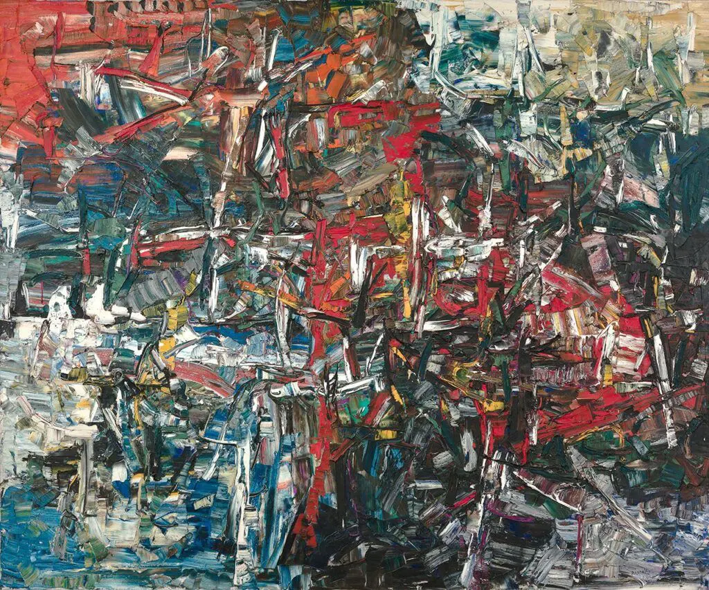 Jean Paul Riopelle's Chicago II painting with large brushstrokes in reds, oranges, greens, blues and white.