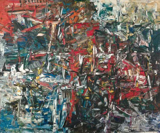 Jean Paul Riopelle's Chicago II painting with large brushstrokes in reds, oranges, greens, blues and white.