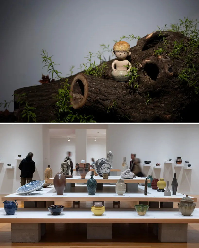 Two installation views. On the top is a view of the exhibition Otani Workshop: Monsters in My Head. A sculpture of a boy emerging from a pot sits nestled on a tree log that has some new green growth on it. On the bottom is an installation view of Written In Clay. It looks at 3 shelves from the side. The shelves have multiple colourful vases and ceramics on them.