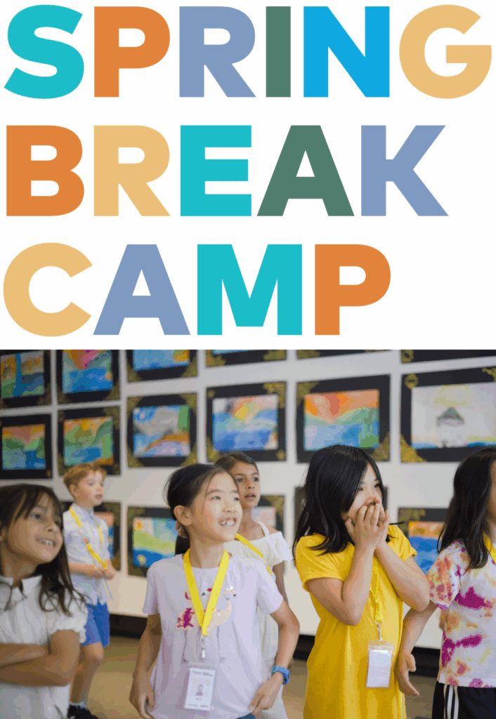 Spring Break Camp text with image of children get excited seeing their art display at Summer Camp at the Galley, Summer 2024