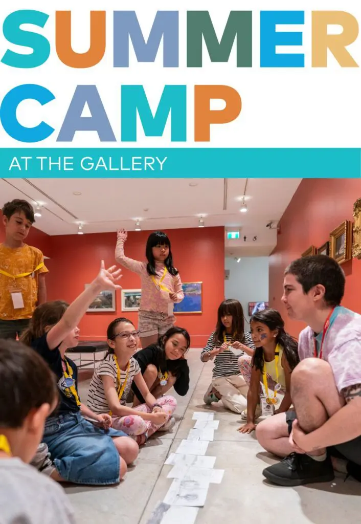 Summer Camp at the Gallery in text, and group of children in the Gallery raising their hands and engaging with art