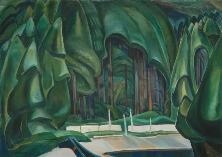 Old Time Coast Village painting of BC forest landscape by Emily Carr