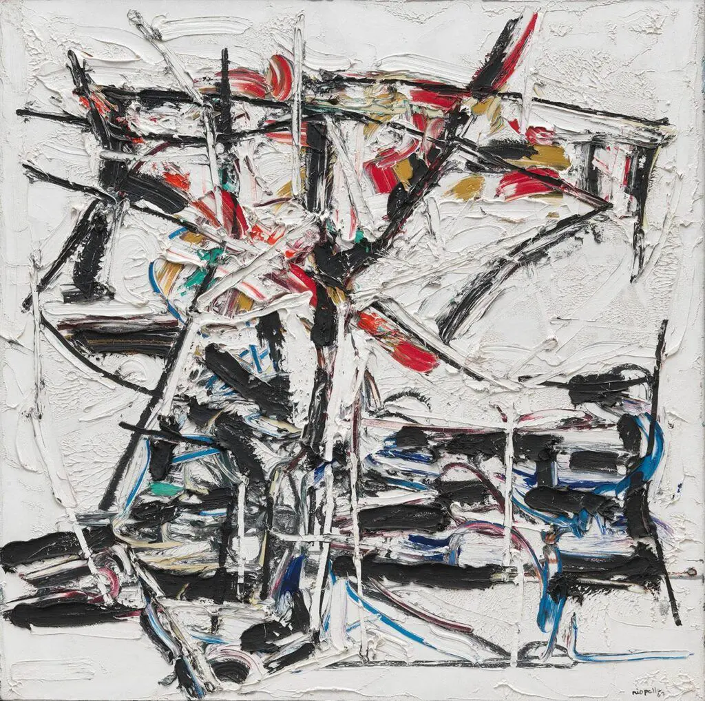 Painting by Jean Paul Riopelle on a thick, impasto background in white, with large brushstrokes in black, red, blue and orange.
