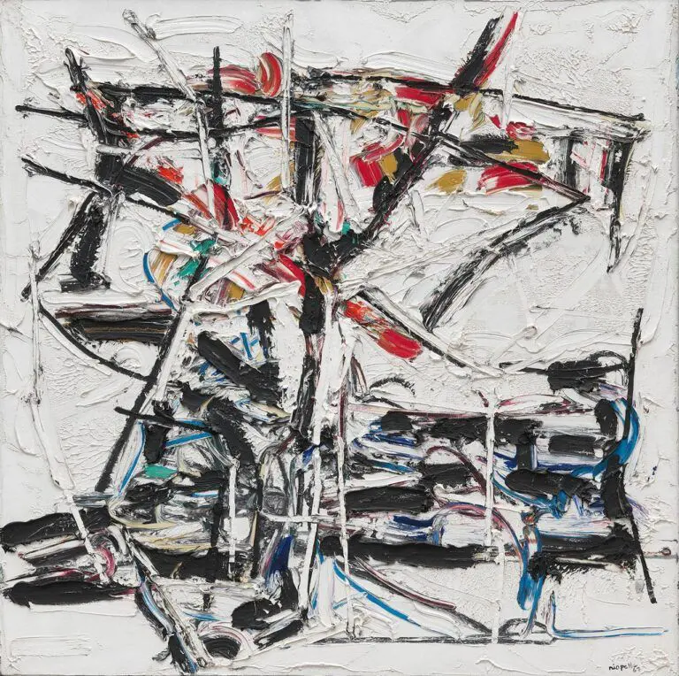 Painting by Jean Paul Riopelle on a thick, impasto background in white, with large brushstrokes in black, red, blue and orange.
